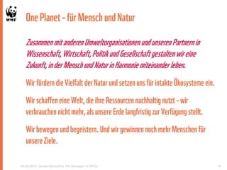 OnePlanet–fürMenschundNatur
Zusammenmitanderen Umweltorganisationen undunserenPartnernin
Wissenschaft,Wirtschaft,PolitikundGesellschaft gestaltenwireine
Zukunft,inderMenschundNaturinHarmoniemiteinanderleben.
Wirfördern dieVielfalt derNaturund setzenuns für intakte Ökosystemeein.
Wirschaffen eine Welt, dieihre Ressourcen nachhaltig nutzt – wir
verbrauchen nicht mehr, alsunsereErdelangfristig zurVerfügung stellt.
Wirbewegen und begeistern.Und wirgewinnen noch mehrMenschen für
unsereZiele.
06.05.2015 / Soirée Kampahire: PE-Strategien in NPOs 18
 