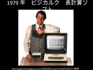 1979 ꡡӥ륯Ӌ㥽
ե
http://applembp.blogspot.com/2008/09/visicalc.html2013/07/17 
 