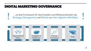 © 2015 oddEVEN AG 17
DIGITAL MARKETING GOVERNANCE
…ist das Framework für das Erstellen und Weiterentwickeln der
Strategie, Management und Betrieb von allen digitalen Aktivitäten.
Vorgaben &
Richtlinien
Organisation &
Rollen
Prozess
Framework
Tools
 