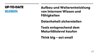 © 2015 oddEVEN AG
Aufbau und Weiterentwicklung
von internem Wissen und
Fähigkeiten
Datenhoheit sicherstellen
Tools entsprechend dem
Maturitätslevel kaufen
Think big – act small
18
UP-TO-DATE
BLEIBEN
 