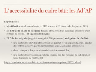 L'accessibilité du cadre bâti: les Ad'AP
Le périmètre :
❖ identiﬁcation des locaux classés en ERP, soumis à l'échéance du 1er janvier 2015
❖ les ERP de la 1e à la 4e catégorie doivent être accessibles dans leur ensemble (hors
espaces de travail) : obligation de moyens
❖ ERP de 5e catégorie (jauge inf. ou égale à 200 personnes), obligation de résultat :
❖ une partie de l'ERP doit être accessible: guichet et/ou espace d'accueil proche
de l'entrée, desservi par le cheminement usuel, sanitaires accessibles ;
❖ dans cet espace, les prestations doivent être accessibles ;
❖ une partie des prestations peut être fournie par des mesures de substitution
(aide humaine ou matérielle).
http://vosdroits.service-public.fr/professionnels-entreprises/F32351.xhtml
 