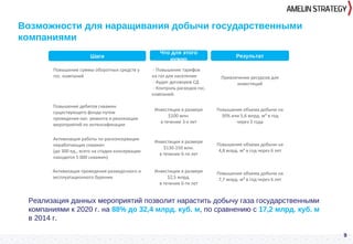 9
Возможности для наращивания добычи государственными
компаниями
Реализация данных мероприятий позволит нарастить добычу газа государственными
компаниями к 2020 г. на 88% до 32,4 млрд. куб. м, по сравнению с 17,2 млрд. куб. м
в 2014 г.
Шаги Что для этого нужно Результат
Активизация проведения разведочного и
эксплуатационного бурения
Инвестиции в размере
$2,5 млрд.
в течение 6-ти лет
Повышение объема добычи на
7,7 млрд. м³ в год через 6 лет
Повышение суммы оборотных средств у
гос. компаний
- Повышение тарифов
на газ для населения
- Аудит договоров СД
- Контроль расходов гос.
компаний;
Повышение дебитов скважин
существующего фонда путем
проведения кап. ремонта и реализации
мероприятий по интенсификации
Инвестиции в размере
$100 млн.
в течение 3-х лет
Повышение объема добычи на
30% или 5,6 млрд. м³ в год
через 3 года
Повышение объема добычи на
4,8 млрд. м³ в год через 6 лет
Активизация работы по расконсервации
неработающих скважин
(до 300 ед., всего на стадии консервации
находится 5 000 скважин)
Инвестиции в размере
$130-150 млн.
в течение 6-ти лет
Привлечение ресурсов для
инвестиций
Шаги Результат
Что для этого
нужно
 