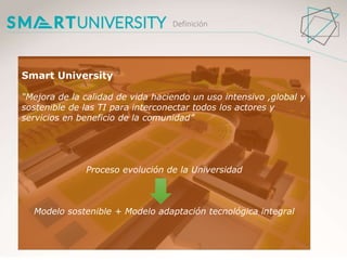 Definición
Smart University
“Mejora de la calidad de vida haciendo un uso intensivo ,global y
sostenible de las TI para in...