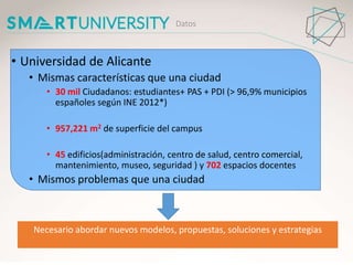 • Universidad de Alicante
• Mismas características que una ciudad
• 30 mil Ciudadanos: estudiantes+ PAS + PDI (> 96,9% mun...