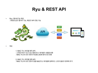 Ryu & REST API
•  Ryu, 웹서버기능 제공
: WSGI 같은 웹서버 기능, REST API 연동 가능
•  목표
1. MAC 주소 테이블 획득 API
: 스위칭 허브가 갖고 있는 MAC주소 테이블의 내용을...