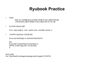 Ryubook Practice
•  이번엔,
MAC 주소 테이블을 중심으로 REST API를 추가하는 방법에 대해 설명
스위치에 원하는 플로우 항목을 추가하는 REST API 추가 및 사용
•  호스트에서 Mininet...