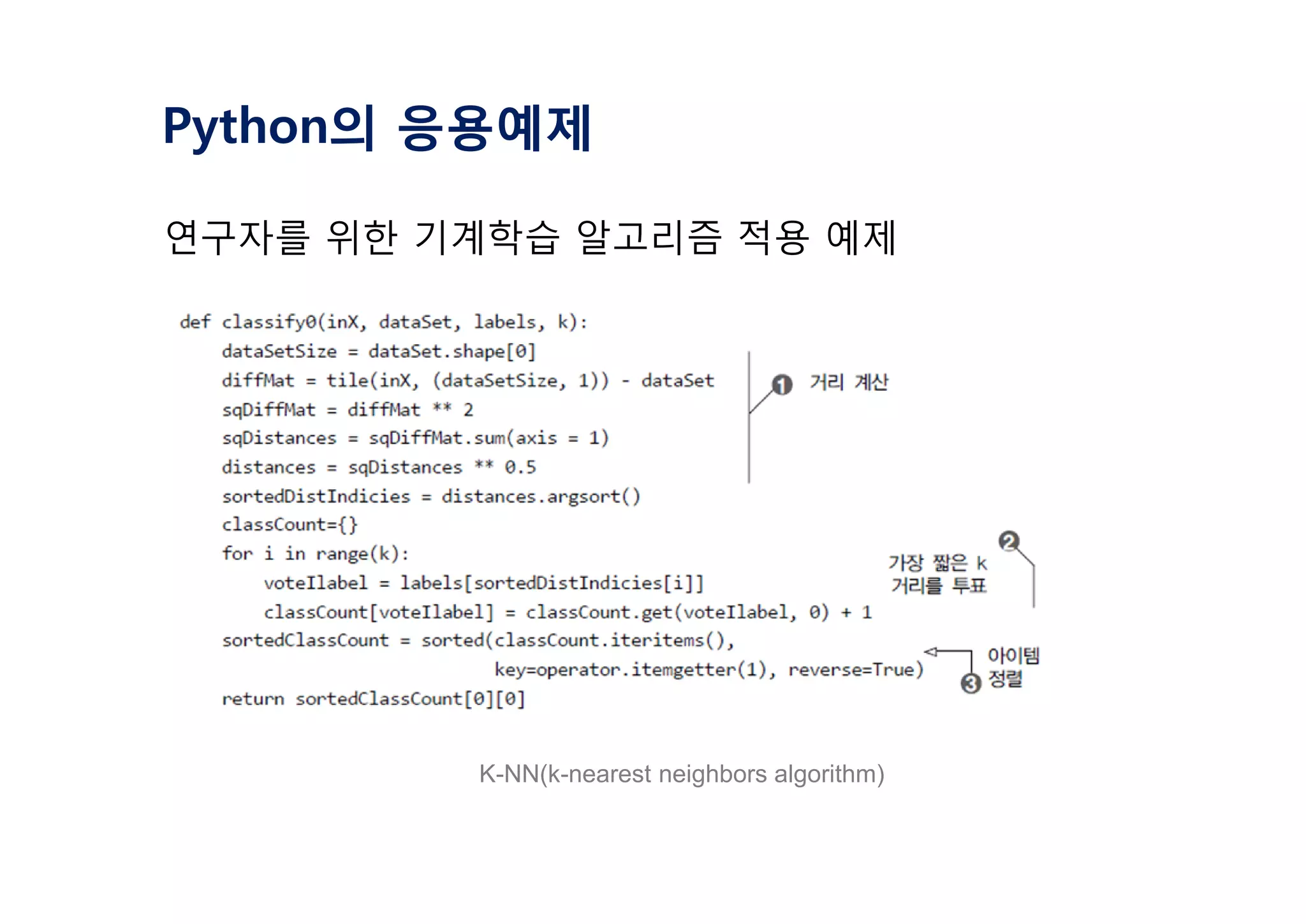 Python의 응용예제
연구자를 위한 기계학습 알고리즘 적용 예제
K-NN(k-nearest neighbors algorithm)
 