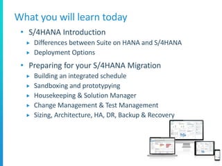 • S/4HANA Introduction
 Differences between Suite on HANA and S/4HANA
 Deployment Options
• Preparing for your S/4HANA Migration
 Building an integrated schedule
 Sandboxing and prototypying
 Housekeeping & Solution Manager
 Change Management & Test Management
 Sizing, Architecture, HA, DR, Backup & Recovery
What you will learn today
2
 