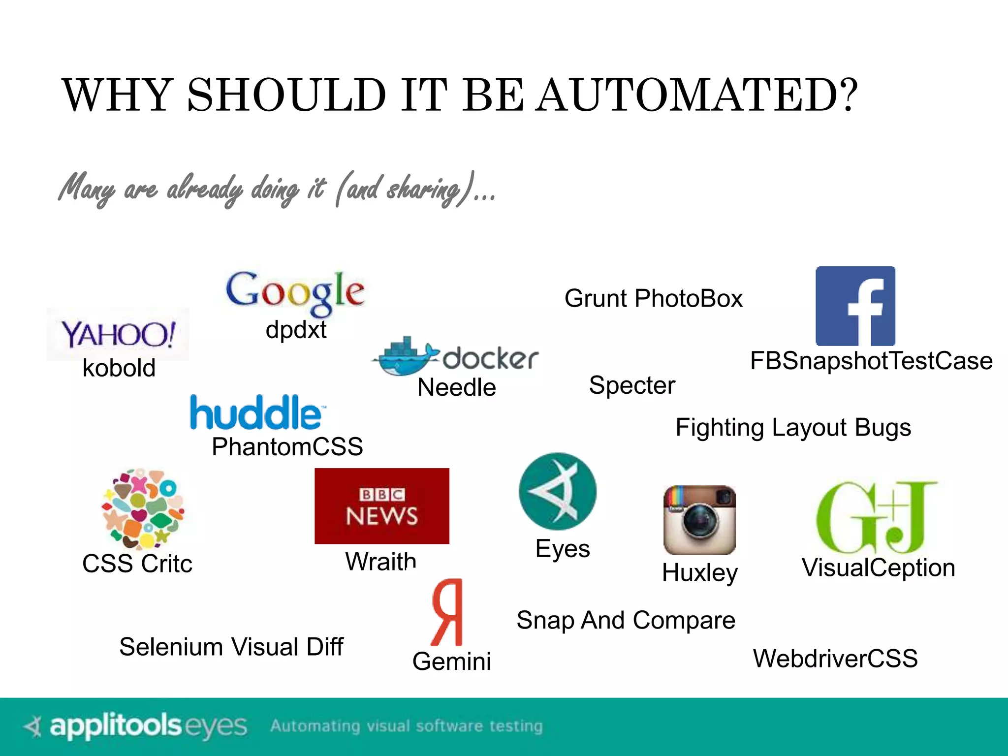 WHY SHOULD IT BE AUTOMATED?
Many are already doing it (and sharing)…
PhantomCSS
Fighting Layout Bugs
CSS Critc Wraith
Needle
Grunt PhotoBox
dpdxt
WebdriverCSS
Eyes
Huxley
FBSnapshotTestCase
Gemini
Selenium Visual Diff
VisualCeption
Specter
Snap And Compare
kobold
 
