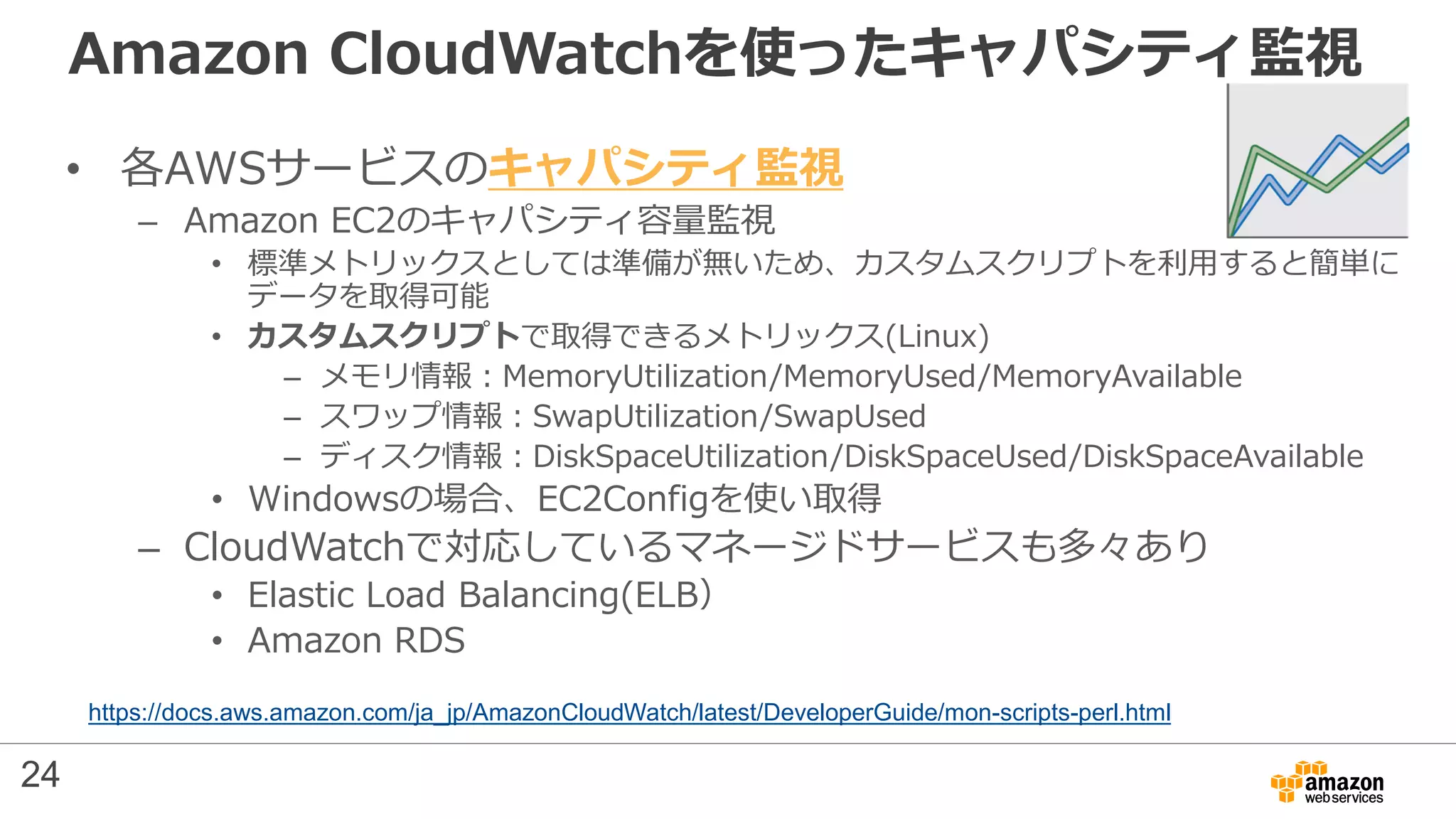 Amazon CloudWatchを使ったキャパシティ監視
• 各AWSサービスのキャパシティ監視
– Amazon EC2のキャパシティ容量監視
• 標準メトリックスとしては準備が無いため、カスタムスクリプトを利用すると簡単に
データを取得可能
• カスタムスクリプトで取得できるメトリックス(Linux)
– メモリ情報：MemoryUtilization/MemoryUsed/MemoryAvailable
– スワップ情報：SwapUtilization/SwapUsed
– ディスク情報：DiskSpaceUtilization/DiskSpaceUsed/DiskSpaceAvailable
• Windowsの場合、EC2Configを使い取得
– CloudWatchで対応しているマネージドサービスも多々あり
• Elastic Load Balancing(ELB）
• Amazon RDS
https://docs.aws.amazon.com/ja_jp/AmazonCloudWatch/latest/DeveloperGuide/mon-scripts-perl.html
24
 