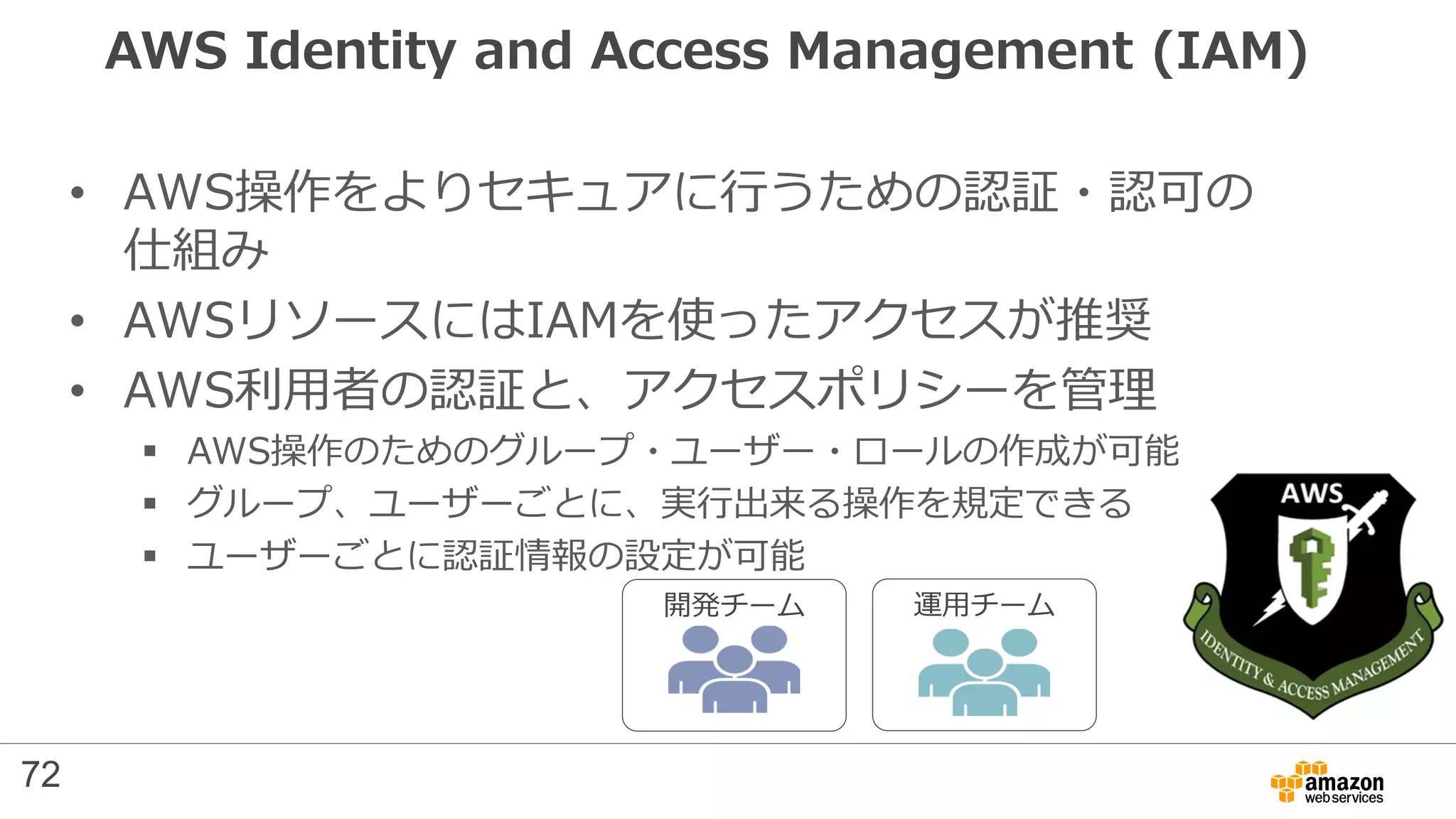 AWS Identity and Access Management (IAM)
• AWS操作をよりセキュアに行うための認証・認可の
仕組み
• AWSリソースにはIAMを使ったアクセスが推奨
• AWS利用者の認証と、アクセスポリシーを管理
 AWS操作のためのグループ・ユーザー・ロールの作成が可能
 グループ、ユーザーごとに、実行出来る操作を規定できる
 ユーザーごとに認証情報の設定が可能
開発チーム 運用チーム
72
 