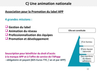 Association pour la Promotion du label APP
4 grandes missions :
 Gestion du label
 Animation du réseau
 Professionnalis...