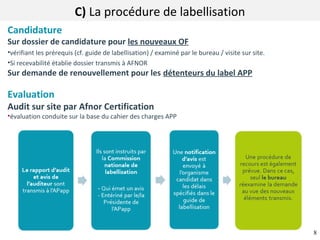 8
C) La procédure de labellisation
Candidature
Sur dossier de candidature pour les nouveaux OF
•vérifiant les prérequis (c...