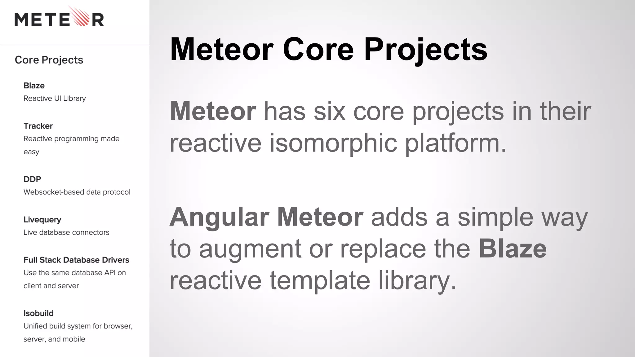 Meteor Core Projects
Meteor has six core projects in their
reactive isomorphic platform.
Angular Meteor adds a simple way
to augment or replace the Blaze
reactive template library.
 