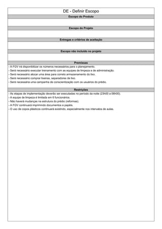 DE - Definir Escopo
Escopo do Produto
Escopo do Projeto
Entregas e critérios de aceitação
Escopo não incluído no projeto
Premissas
- A FGV irá disponibilizar os números necessários para o planejamento.
- Será necessário executar treinamento com as equipes de limpeza e de administração.
- Será necessário alocar uma área para correto armazenamento do lixo.
- Será necessário comprar lixeiras, separadores de lixo.
- Será necessária uma campanha de conscientização com os usuários do prédio.
Restrições
- As etapas de implementação deverão ser executadas no período da noite (23h00 a 06h00).
- A equipe de limpeza é limitada em 6 funcionários.
- Não haverá mudanças na estrutura do prédio (reformas).
- A FGV continuará imprimindo documentos e papéis.
- O uso de copos plásticos continuará existindo, especialmente nos intervalos de aulas.
 