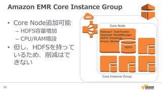 16
Amazon  EMR  Core  Instance  Group
•  Core  Node追加可能
–  HDFS容量量増加
–  CPU/RAM増設
•  但し、HDFSを持って
いるため、削減はで
きない
HDFS
Core Node
Core Instance Group
Hadoop1: TaskTracker
Hadoop2: NodeManager
HDFS: DataNode
Presto: Worker
 