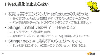 32
Hiveの進化は⽌止まらない
•  初期は実⾏行行エンジンがMapReduceのみだった
–  あくまでMapReduceを書きやすくするためのフレームワーク
–  バッチ処理理がターゲットなのでインタラクティブ処理理は難しい
•  Stinger  Initiativeの完了了  =  Hive  0.13
–  インタラクティブ処理理が可能に
–  Tez実⾏行行エンジン、列列指向ファイル、SQL標準に近づく、etc.
•  Stinger.next  =  1秒以下のクエリへ向けて
–  Spark実⾏行行エンジン、ACIDトランザクション、SQL:2011
 