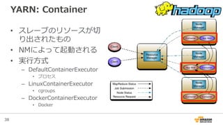 38
YARN:  Container
•  スレーブのリソースが切切
り出されたもの
•  NMによって起動される
•  実⾏行行⽅方式
–  DefaultContainerExecutor
•  プロセス
–  LinuxContainerExecutor
•  cgroups
–  DockerContainerExecutor
•  Docker
 