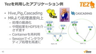 43
Tezを利利⽤用したアプリケーション例例
•  Hive,Pig,Cascading
•  MRより処理理速度度向上
–  処理理の最適化
–  中間結果をHDFSを介
さず渡す
–  Containerを再利利⽤用
–  Sessionでインタラク
ティブ処理理を⾼高速に
 