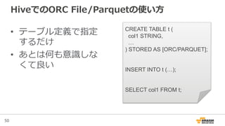 50
HiveでのORC  File/Parquetの使い⽅方
•  テーブル定義で指定
するだけ
•  あとは何も意識識しな
くて良良い
CREATE TABLE t (
col1 STRING,
…
) STORED AS [ORC/PARQUET];
INSERT INTO t (…);
SELECT col1 FROM t;
 