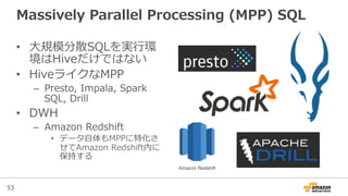 53
Massively  Parallel  Processing  (MPP)  SQL
•  ⼤大規模分散SQLを実⾏行行環
境はHiveだけではない
•  HiveライクなMPP
–  Presto,  Impala,  Spark  
SQL,  Drill
•  DWH
–  Amazon  Redshift
•  データ⾃自体もMPPに特化さ
せてAmazon  Redshift内に
保持する
Amazon Redshift
 
