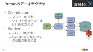 57
Prestoのアーキテクチャ
•  Coordinator
–  マスター的役割
–  クエリを受け付け、実
⾏行行計画を⽴立立てる
•  Worker
–  スレーブ的役割
–  Coordinatorからタス
クが割り振られる
Amazon
S3
 