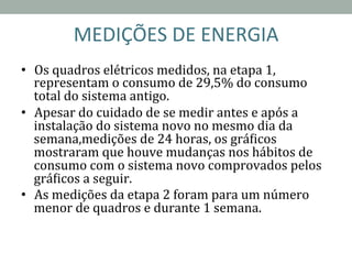 MEDIÇÕES	
  DE	
  ENERGIA	
  
•  Os	
  quadros	
  elétricos	
  medidos,	
  na	
  etapa	
  1,	
  
representam	
  o	
  consumo	
  de	
  29,5%	
  do	
  consumo	
  
total	
  do	
  sistema	
  antigo.	
  	
  
•  Apesar	
  do	
  cuidado	
  de	
  se	
  medir	
  antes	
  e	
  após	
  a	
  
instalação	
  do	
  sistema	
  novo	
  no	
  mesmo	
  dia	
  da	
  
semana,medições	
  de	
  24	
  horas,	
  os	
  gráRicos	
  
mostraram	
  que	
  houve	
  mudanças	
  nos	
  hábitos	
  de	
  
consumo	
  com	
  o	
  sistema	
  novo	
  comprovados	
  pelos	
  
gráRicos	
  a	
  seguir.	
  
•  As	
  medições	
  da	
  etapa	
  2	
  foram	
  para	
  um	
  número	
  
menor	
  de	
  quadros	
  e	
  durante	
  1	
  semana.	
  
	
  
 