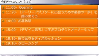 119Copyright © POStudy (プロダクトオーナーシップ勉強会). All rights reserved.
今日やったこと（1/1）
11:00- Opening
11:20- 『アーリーアダプターに出会うための最初の一歩』を
踏み出そう
14:00- お昼休憩
15:00- 『デザイン思考』に学ぶプロダクトオーナーシップ
18:10- 振り返り＆ディスカッション
19:10- クロージング
 