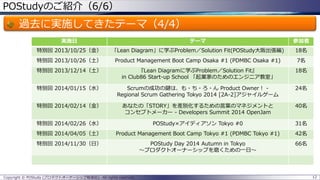 POStudyのご紹介（6/6）
過去に実施してきたテーマ（4/4）
12Copyright © POStudy (プロダクトオーナーシップ勉強会). All rights reserved.
実施日 テーマ 参加者
特別回 2013/10/25（金） 「Lean Diagram」に学ぶProblem／Solution Fit(POStudy大阪出張編) 18名
特別回 2013/10/26（土） Product Management Boot Camp Osaka #1 (PDMBC Osaka #1) 7名
特別回 2013/12/14（土） 『Lean Diagramに学ぶProblem／Solution Fit』
in Club86 Start-up School 「起業家のためのエンジニア教室」
18名
特別回 2014/01/15（水） Scrumの成功の鍵は、も・ち・ろ・ん Product Owner！ -
Regional Scrum Gathering Tokyo 2014 [2A-2]アジャイルゲーム
24名
特別回 2014/02/14（金） あなたの「STORY」を差別化するための言葉のマネジメントと
コンセプトメーカー - Developers Summit 2014 OpenJam
40名
特別回 2014/02/26（水） POStudy×アイディアソン Tokyo #0 31名
特別回 2014/04/05（土） Product Management Boot Camp Tokyo #1 (PDMBC Tokyo #1) 42名
特別回 2014/11/30（日） POStudy Day 2014 Autumn in Tokyo
～プロダクトオーナーシップを磨くための一日～
66名
 