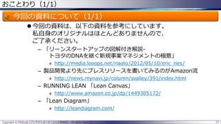 おことわり（1/1）
今回の資料について（1/1）
 今回の資料は、以下の資料を参考にしています。
私自身のオリジナルはほとんどありませんので、
ご了承ください。
– 「リーンスタートアップの図解付き解説-
トヨタのDNAを継ぐ新規事業マネジメントの極意」
» http://media.looops.net/naoto/2012/05/10/eric_ries/
– 製品開発より先にプレスリリースを書いてみるのがAmazon流
» http://news.mynavi.jp/column/svalley/391/index.html
– RUNNING LEAN 「Lean Canvas」
» http://www.amazon.co.jp/dp/1449305172/
– 「Lean Diagram」
» http://leandiagram.com/
23Copyright © POStudy (プロダクトオーナーシップ勉強会). All rights reserved.
 