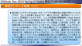 POStudy Day 2015 Spring in Osaka 事前アンケート（1/2）
事前アンケート結果（1/1）
 数日前にワタクシのTwitter のTL にヤマキの酸化防止容器が流れていたの
ですが、コレ↓の記事にあるように、確かにそれは、業界初の「イノベー
ション」的商品だったのですが、 しょうゆ容器の開発競争 | Food Watch
Japan http://bit.ly/1F4BQIU 恐らく巷で聴いてみると、ここでも表示さ
れているヤマキの容器よりもキッコーマンの容器（二世代目）の方が、認
知度が高いのではないのでしょうか？そしてなにより実際、シェアもキッ
コーマンの方が多い。コカ・コーラ社も確かにコーラは最初に作ったが、
その後のスポーツドリンクや缶コーヒー、お茶など、最初に作ったのは他
社なのだが、現在のシェアトップはコカ・コーラ社（日本）だったりする。
つまり、単にイノベーション的製品を繰り出しても業界をひっくり返す と
いうのは難しい のでは ということになるかと思っているのですが、世の中
そんな話ばかりでもないので、その差異はなにか、なんか気づきがあれ
ば・・と思っております。宜しくお願いいたします。
4Copyright © POStudy (プロダクトオーナーシップ勉強会). All rights reserved.
 