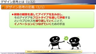デザイン思考とは（1/22）
デザイン思考の定義（1/1）
 顧客の観察を通してアイデアを生み出し、
そのアイデアをプロトタイプを通して評価する
というプロセスを繰り返していくことで、
イノベーションにつなげていくための手法
Copyright © @fullvirtue. All rights reserved. 50
PMStyle – プロダクトマネジメント入門 http://pmstyle.biz/column/product/product3_2.htm
 