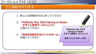ワークショップ#5（2/22）
[1] 表紙を作ります
1. 新しいA3用紙を半分に折ってください
2. 「POStudy Day 2015 Spring in Osaka
デザイン思考ワークショップ」
と描いてください
3. 「自分の名前またはハンドルネーム」
を描いてください
Copyright © POStudy (プロダクトオーナーシップ勉強会). All rights reserved. 74
POStudy Day 2015
Spring in Osaka
デザイン思考ワークショップ
氏名（ハンドルネーム可）
お財布デザインワークショップ（日本語訳） http://www.kashinotakanori.com/index.php?c_tool
 