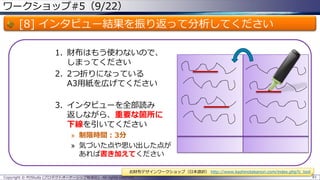 ワークショップ#5（9/22）
[8] インタビュー結果を振り返って分析してください
1. 財布はもう使わないので、
しまってください
2. 2つ折りになっている
A3用紙を広げてください
3. インタビューを全部読み
返しながら、重要な箇所に
下線を引いてください
» 制限時間：3分
» 気づいた点や思い出した点が
あれば書き加えてください
Copyright © POStudy (プロダクトオーナーシップ勉強会). All rights reserved. 81
お財布デザインワークショップ（日本語訳） http://www.kashinotakanori.com/index.php?c_tool
 