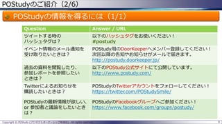 POStudyのご紹介（2/6）
POStudyの情報を得るには（1/1）
8Copyright © POStudy (プロダクトオーナーシップ勉強会). All rights reserved.
Question Answer / URL
ツイートする時の
ハッシュタグは？
以下のハッシュタグをお使いください！
#postudy
イベント情報のメール通知を
受け取りたいときは？
POStudy用のDoorKeeperへメンバー登録してください！
次回以降の告知やお知らせがメールで届きます。
http://postudy.doorkeeper.jp/
過去の資料を閲覧したり、
参加レポートを参照したい
ときは？
以下のPOStudy公式サイトにて公開しています。
http://www.postudy.com/
Twitterによるお知らせを
購読したいときは？
POStudyのTwitterアカウントをフォローしてください！
https://twitter.com/POStudySmile/
POStudyの最新情報が欲しい、
or 参加者と議論をしたいとき
は？
POStudyのFacebookグループへご参加ください！
https://www.facebook.com/groups/postudy/
 