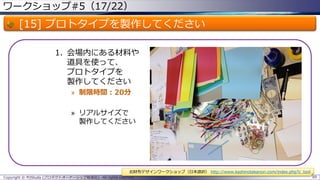 ワークショップ#5（17/22）
[15] プロトタイプを製作してください
1. 会場内にある材料や
道具を使って、
プロトタイプを
製作してください
» 制限時間：20分
» リアルサイズで
製作してください
Copyright © POStudy (プロダクトオーナーシップ勉強会). All rights reserved. 89
お財布デザインワークショップ（日本語訳） http://www.kashinotakanori.com/index.php?c_tool
 