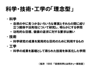 科学・技術・工学の「理念型」
•科学
– 自然の中に見つかるいろいろな事実とそれらの間に成り
立つ関係や法則性について研究し、明らかにする学問
– 功利的な目標、価値の追求に対する要求は無い
•技術
– 科学研究の成果を実用的な目的のために利用するもの
•工学
– 科学の成果を基礎として得られた技術を体系化した学問
（桜井 1995 『自然科学とは何か』一部改変）
 