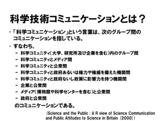 科学技術コミュニケーションとは？
•「科学コミュニケーション」という言葉は、次のグループ間の
コミュニケーションを指している。
•すなわち、
– 科学コミュニティ（大学、研究所及び企業を含む）内のグループ間
– 科学コミュニティとメディア間
– 科学コミュニティと公衆間
– 科学コミュニティと政府あるいは権力や権威を備えた機関間
– 科学コミュニティと政府ないし政策に影響力を持つ機関間
– 企業と公衆間
– メディア（博物館や科学センターを含む）と公衆間
– 政府と公衆間
のコミュニケーションである。
(Science and the Public : A R view of Science Communication
and Public Attitudes to Science in Britain (2000))
 
