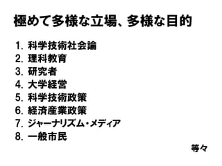 極めて多様な立場、多様な目的
1. 科学技術社会論
2. 理科教育
3. 研究者
4. 大学経営
5. 科学技術政策
6. 経済産業政策
7. ジャーナリズム・メディア
8. 一般市民
等々
 