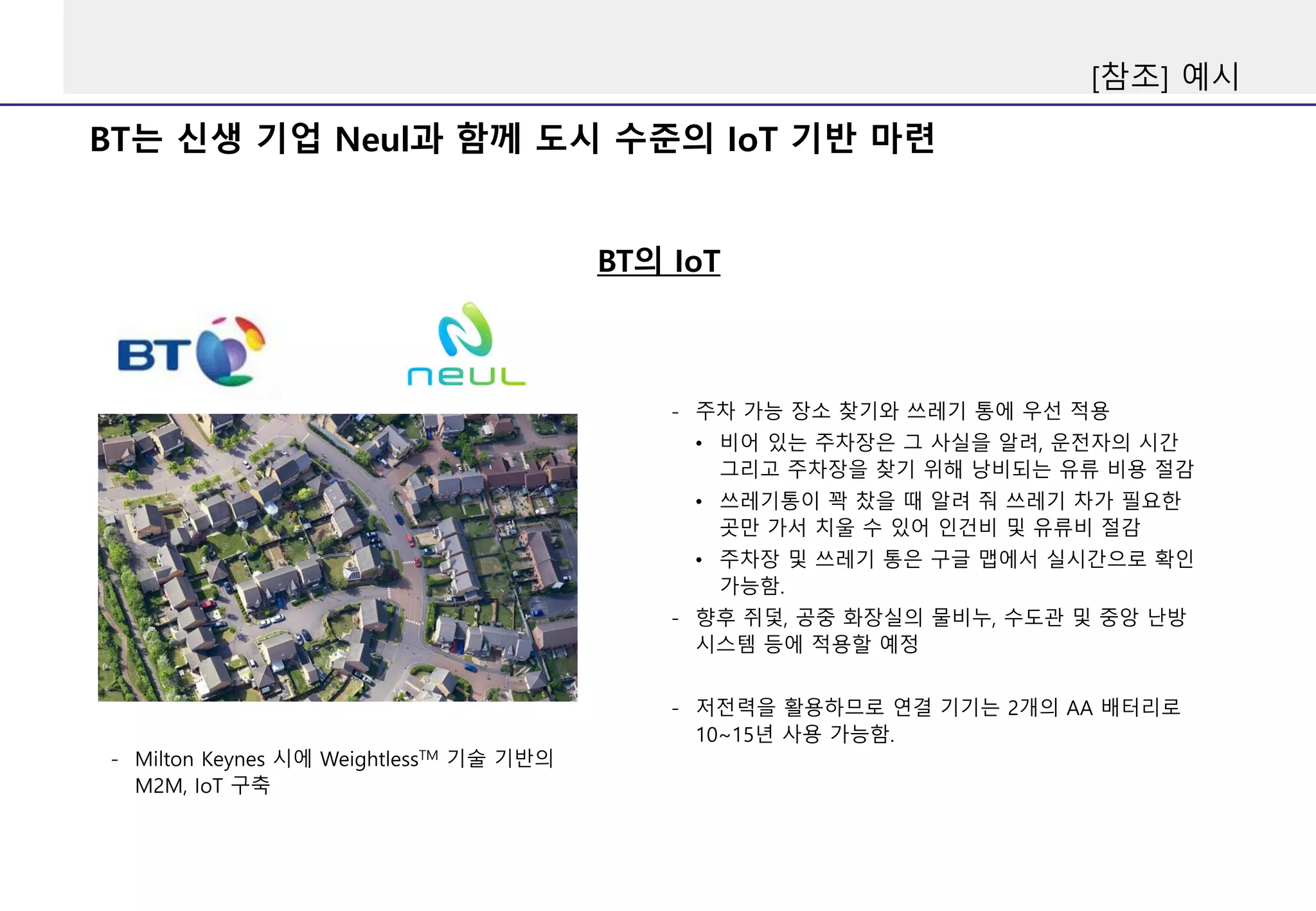 BT는 신생 기업 Neul과 함께 도시 수준의 IoT 기반 마련
BT의 IoT
- Milton Keynes 시에 WeightlessTM 기술 기반의
M2M, IoT 구축
- 주차 가능 장소 찾기와 쓰레기 통에 우선 적용
• 비어 있는 주차장은 그 사실을 알려, 운전자의 시간
그리고 주차장을 찾기 위해 낭비되는 유류 비용 절감
• 쓰레기통이 꽉 찼을 때 알려 줘 쓰레기 차가 필요한
곳만 가서 치울 수 있어 인건비 및 유류비 절감
• 주차장 및 쓰레기 통은 구글 맵에서 실시간으로 확인
가능함.
- 향후 쥐덫, 공중 화장실의 물비누, 수도관 및 중앙 난방
시스템 등에 적용할 예정
- 저전력을 활용하므로 연결 기기는 2개의 AA 배터리로
10~15년 사용 가능함.
[참조] 예시
 