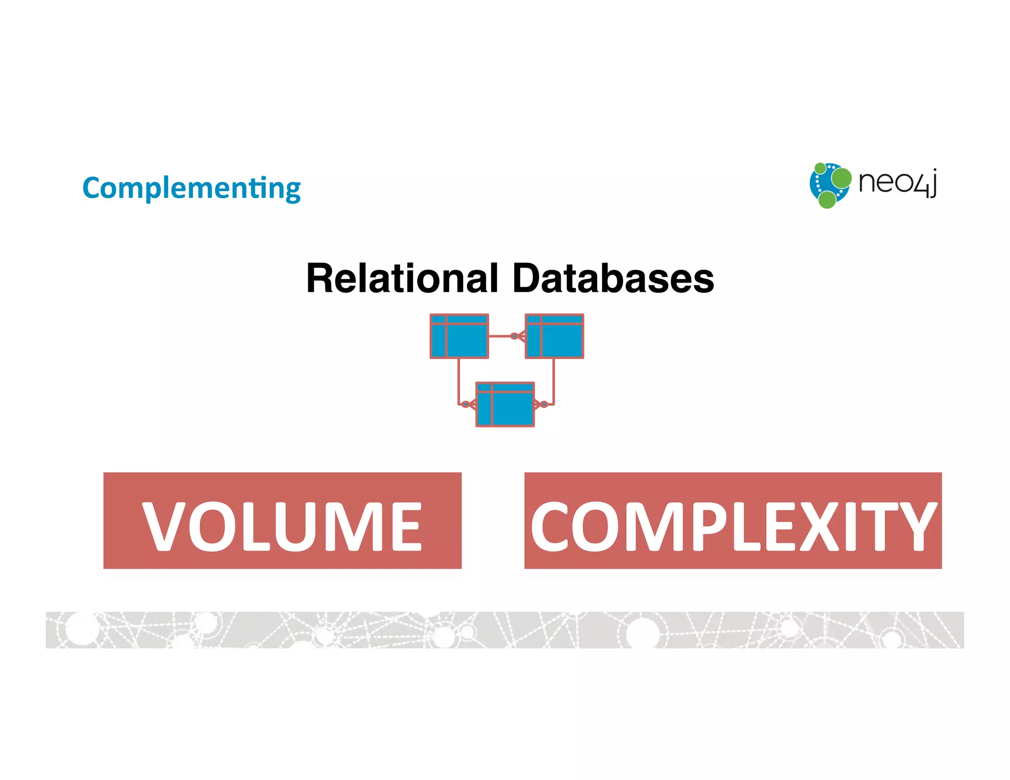 Complemen.ng	
  	
  
Relational Databases
VOLUME	
   COMPLEXITY	
  
 