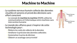 Machine to Machine
› Le système nerveux humain collecte des données
visuelles et sonores et prend des décisions sans
effort conscient
Le concept de machine to machine (M2M), utilise les
communications et l’informatique entre machines sans
intervention humaine
› Le monde des affaires peut s’inspirer de cette
technologie pour :
Réduire les coûts de collecte de la données
Améliorer la précision des données collectées
Automatiser la prise de décision
Obtenir un avantage concurrentiel
 