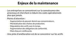 Enjeux de la maintenance
› Les entreprises se concentrent sur la connaissance des
processus et cherchent à réduire les coûts opérationnels
plus que jamais.
› Points d’attention :
Augmentation du pouvoir donné aux consommateurs,
Mondialisation des chaînes de production,
Dégradation des actifs avec le temps,
Augmentation des obligations de conformité,
Main d’œuvre vieillissante.
› Une piste d’amélioration est de se concentrer sur les actifs
 