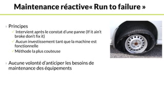 Maintenance réactive« Run to failure »
› Principes
 Intervient après le constat d’une panne (If it ain’t
broke don’t fix it)
 Aucun investissement tant que la machine est
fonctionnelle
Méthode la plus couteuse
› Aucune volonté d’anticiper les besoins de
maintenance des équipements
 