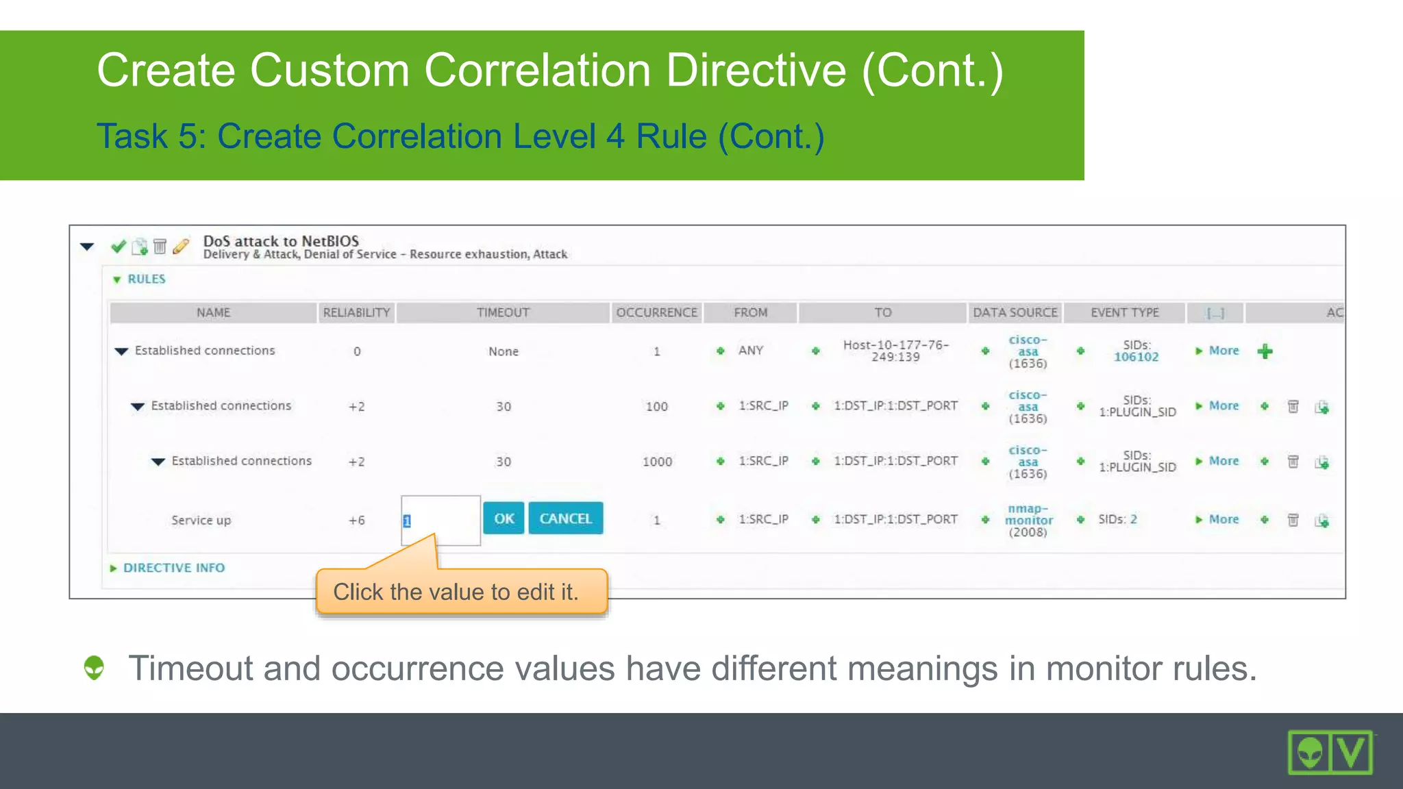 Task 5: Create Correlation Level 4 Rule (Cont.)
Create Custom Correlation Directive (Cont.)
Timeout and occurrence values have different meanings in monitor rules.
Click the value to edit it.
 
