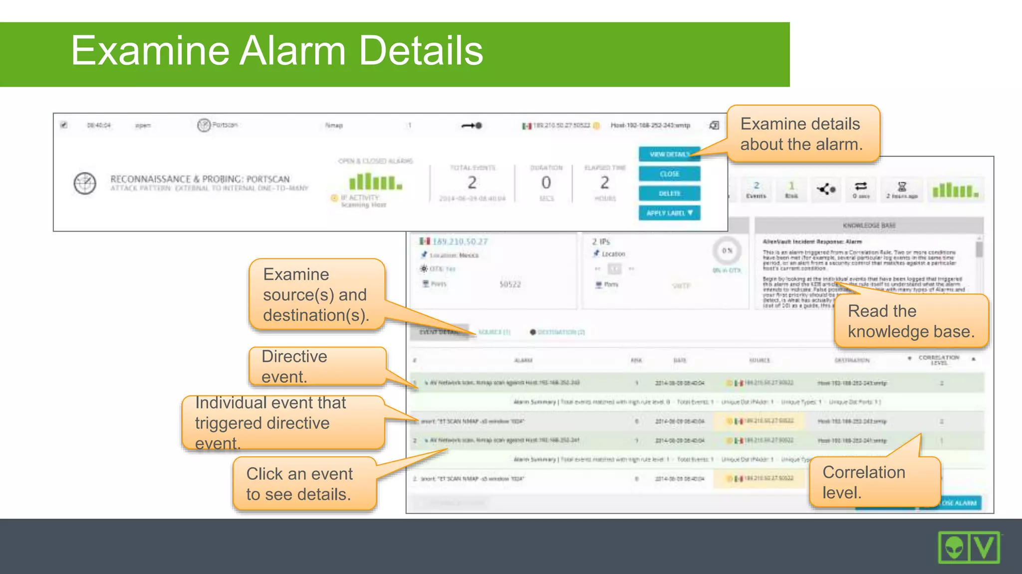 Examine
source(s) and
destination(s).
Directive
event.
Individual event that
triggered directive
event.
Click an event
to see details.
Read the
knowledge base.
Correlation
level.
Examine Alarm Details
Examine details
about the alarm.
 