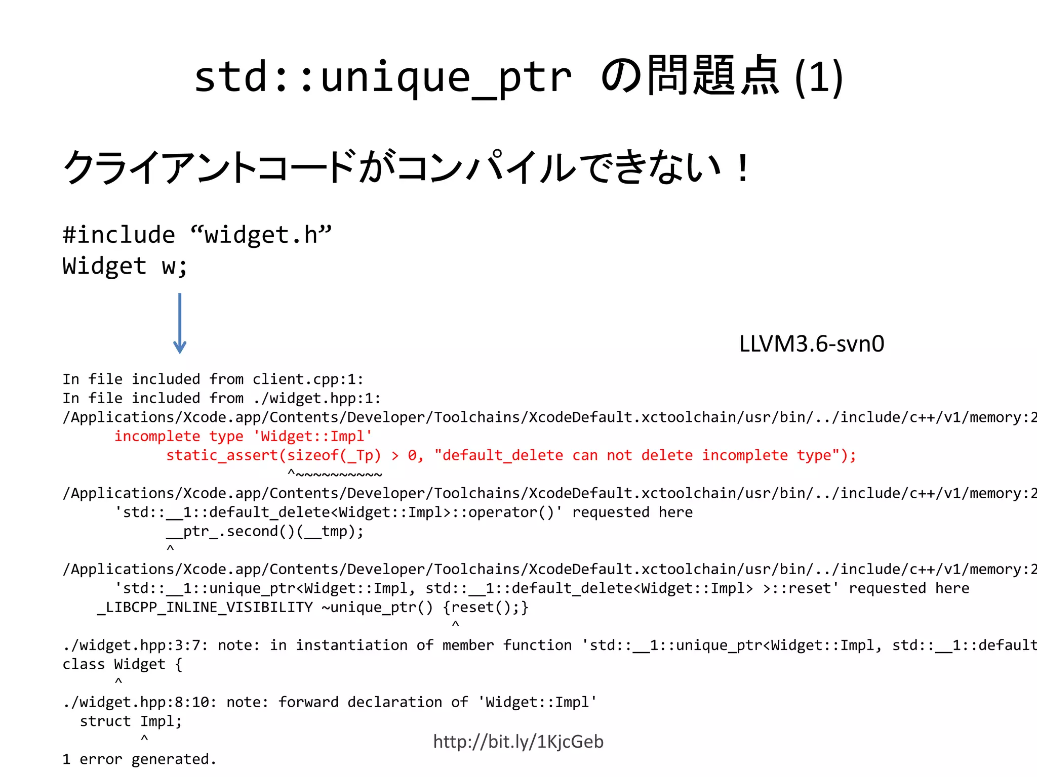 std::unique_ptr の問題点 (1)
クライアントコードがコンパイルできない！
#include “widget.h”
Widget w;
In file included from client.cpp:1:
In file included from ./widget.hpp:1:
/Applications/Xcode.app/Contents/Developer/Toolchains/XcodeDefault.xctoolchain/usr/bin/../include/c++/v1/memory:2
incomplete type 'Widget::Impl'
static_assert(sizeof(_Tp) > 0, "default_delete can not delete incomplete type");
^~~~~~~~~~~
/Applications/Xcode.app/Contents/Developer/Toolchains/XcodeDefault.xctoolchain/usr/bin/../include/c++/v1/memory:2
'std::__1::default_delete<Widget::Impl>::operator()' requested here
__ptr_.second()(__tmp);
^
/Applications/Xcode.app/Contents/Developer/Toolchains/XcodeDefault.xctoolchain/usr/bin/../include/c++/v1/memory:2
'std::__1::unique_ptr<Widget::Impl, std::__1::default_delete<Widget::Impl> >::reset' requested here
_LIBCPP_INLINE_VISIBILITY ~unique_ptr() {reset();}
^
./widget.hpp:3:7: note: in instantiation of member function 'std::__1::unique_ptr<Widget::Impl, std::__1::default
class Widget {
^
./widget.hpp:8:10: note: forward declaration of 'Widget::Impl'
struct Impl;
^
1 error generated.
LLVM3.6-svn0
http://bit.ly/1KjcGeb
 