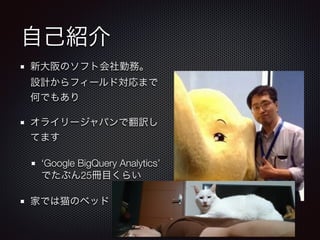 自己紹介
新大阪のソフト会社勤務。 
設計からフィールド対応まで
何でもあり
オライリージャパンで翻訳し
てます
‘Google BigQuery Analytics’
でたぶん25冊目くらい
家では猫のベッド
 