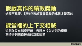 假戲真作的績效獎勵
過程不重要，能夠兌換成實質獎勵的成果才是真的
課堂裡的上下交相賊
遊戲並沒有那麼好玩 表現出投入遊戲的模樣
期待得到來自師長的正面回饋
假的積極性
 
