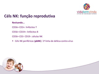 Céls NK: função reprodutiva
Revisando...
CD56+ CD3+: linfócitos T
CD56+ CD19+: linfócitos B
CD56+ CD3- CD19-: células NK
 Céls NK periféricas (pbNK): 1ª linha de defesa contra vírus
 